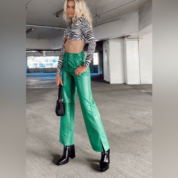 Princess Polly Vegan Leather Suki Green High-Waisted Pants - Picture 1 of 7